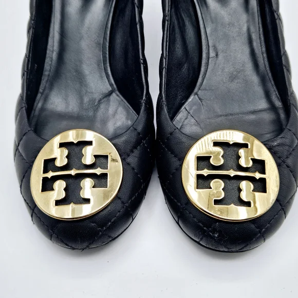 Tory Burch Black Quilted Wedges with Gold Logo - Picture 11 of 15